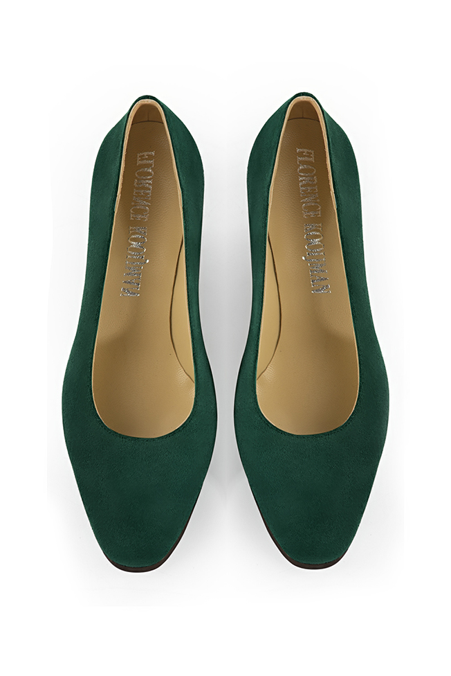 Forest green women's dress pumps, with a round neckline. Round toe. Medium wedge heels. Top view - Florence KOOIJMAN